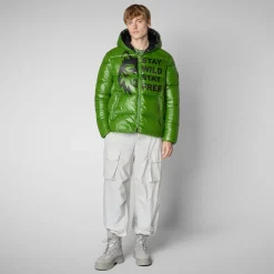 Men's animal free hooded Animal free Puffer jacket Evander in grass green wolf print