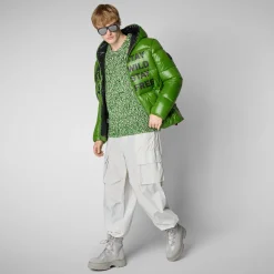 Men's animal free hooded Animal free Puffer jacket Evander in grass green wolf print