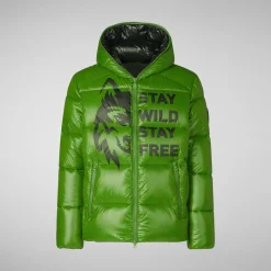 Men's animal free hooded Animal free Puffer jacket Evander in grass green wolf print
