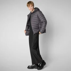 Men's  Hooded Animal free Puffer Jacket Juncus in Grey Black