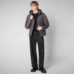 Men's  Hooded Animal free Puffer Jacket Juncus in Grey Black