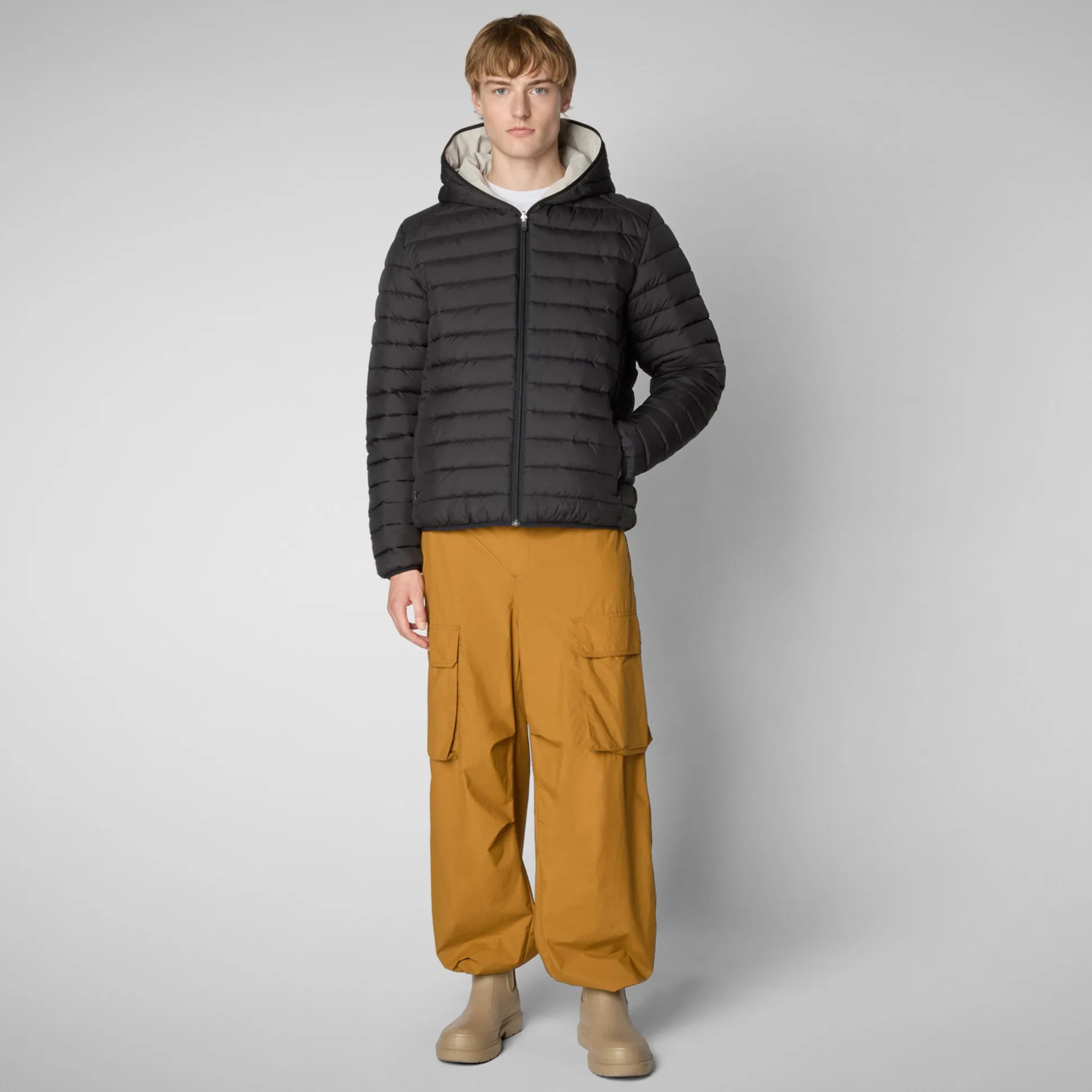 Men's Hooded Animal free Puffer Jacket Ezra in Rainy Beige