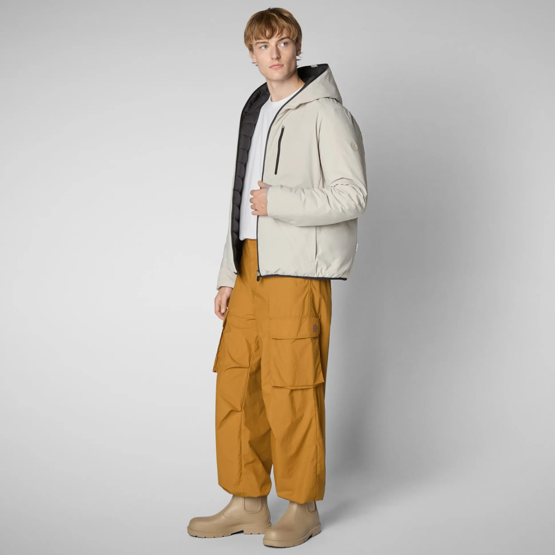 Men's Hooded Animal free Puffer Jacket Ezra in Rainy Beige