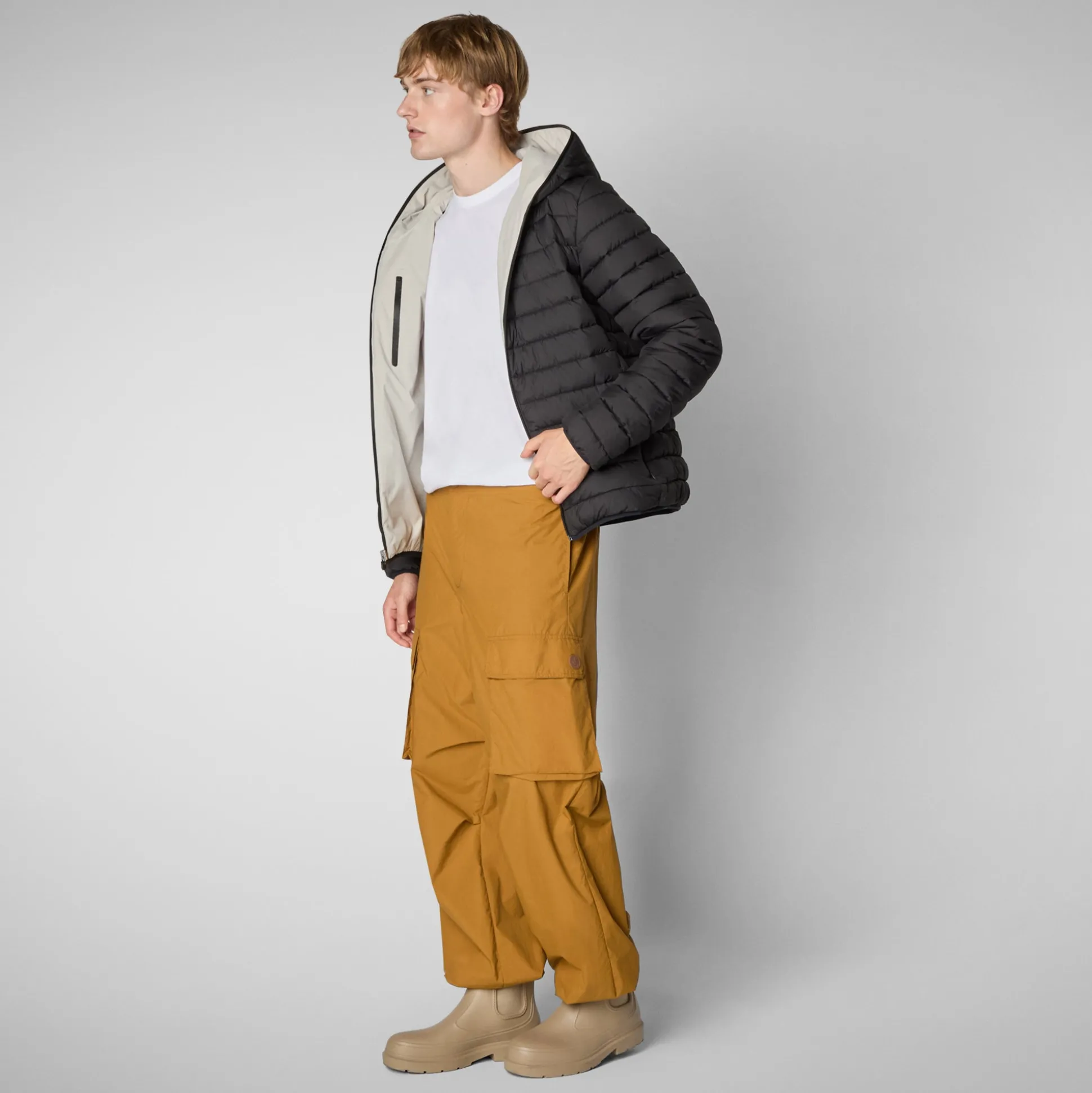 Men's Hooded Animal free Puffer Jacket Ezra in Rainy Beige