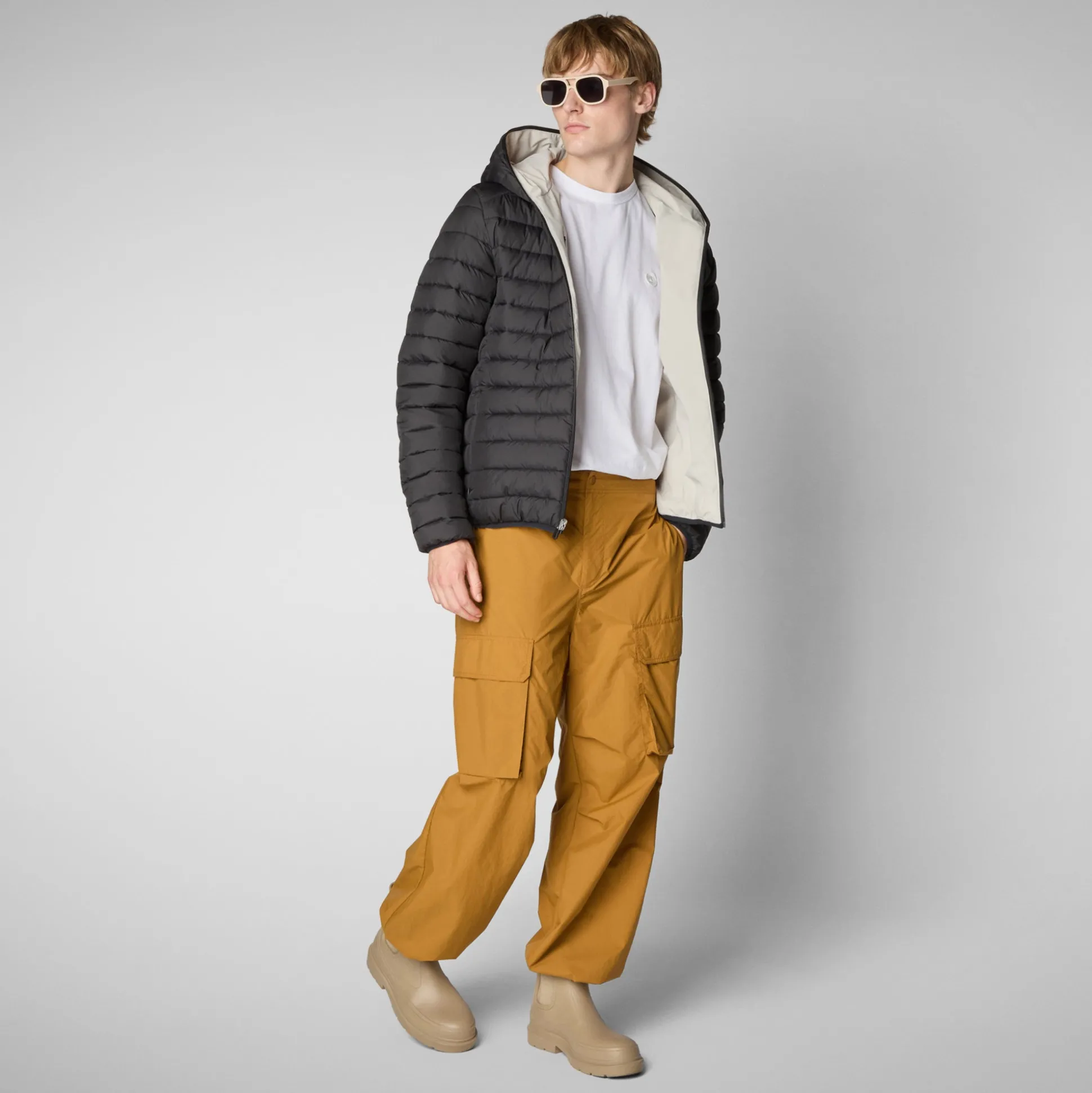 Men's Hooded Animal free Puffer Jacket Ezra in Rainy Beige