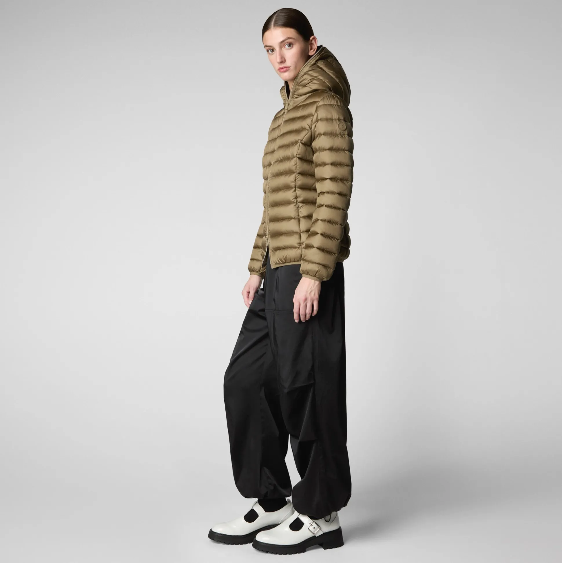 Women's Alexis Hooded Animal free Puffer Jacket in Husk Green