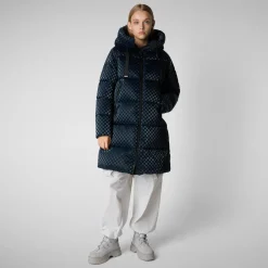 Women's Amaranta Hooded Animal free Puffer Coat in Blue Black