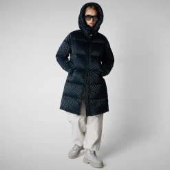 Women's Amaranta Hooded Animal free Puffer Coat in Blue Black