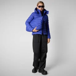 Women's Amelie Animal free Puffer Jacket with Detachable Hood in Gentian Blue