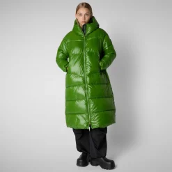 Women's animal free hooded Animal free Puffer jacket Clarice in GRASS GREEN