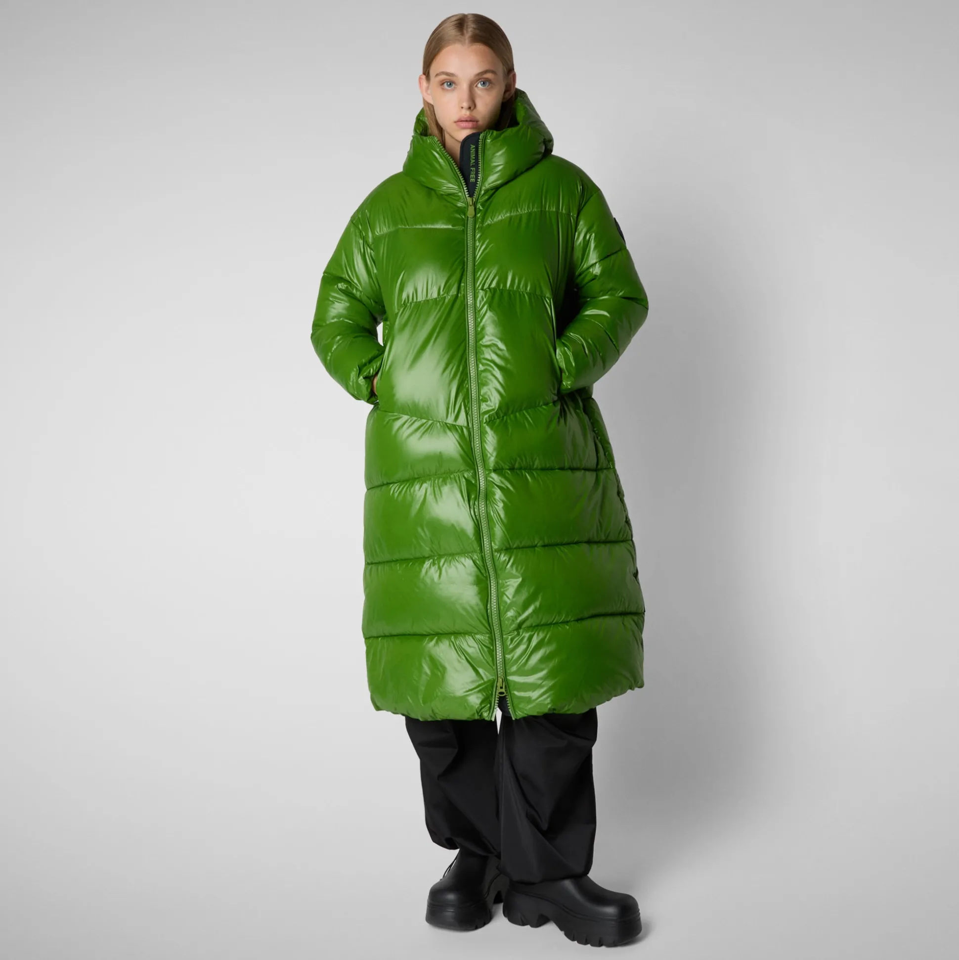 Women's animal free hooded Animal free Puffer jacket Clarice in GRASS GREEN