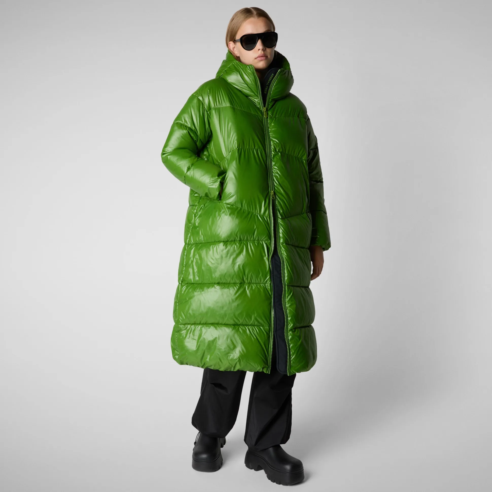 Women's animal free hooded Animal free Puffer jacket Clarice in GRASS GREEN