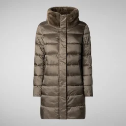 Women's Animal free Puffer Coat Dalea with Faux Fur Collar in Mud Grey