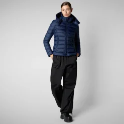 Women's Animal free Puffer Jacket Amelie  with Detachable Hood in Navy Blue