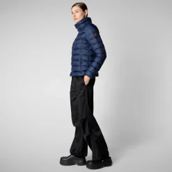 Women's Animal free Puffer Jacket Amelie  with Detachable Hood in Navy Blue