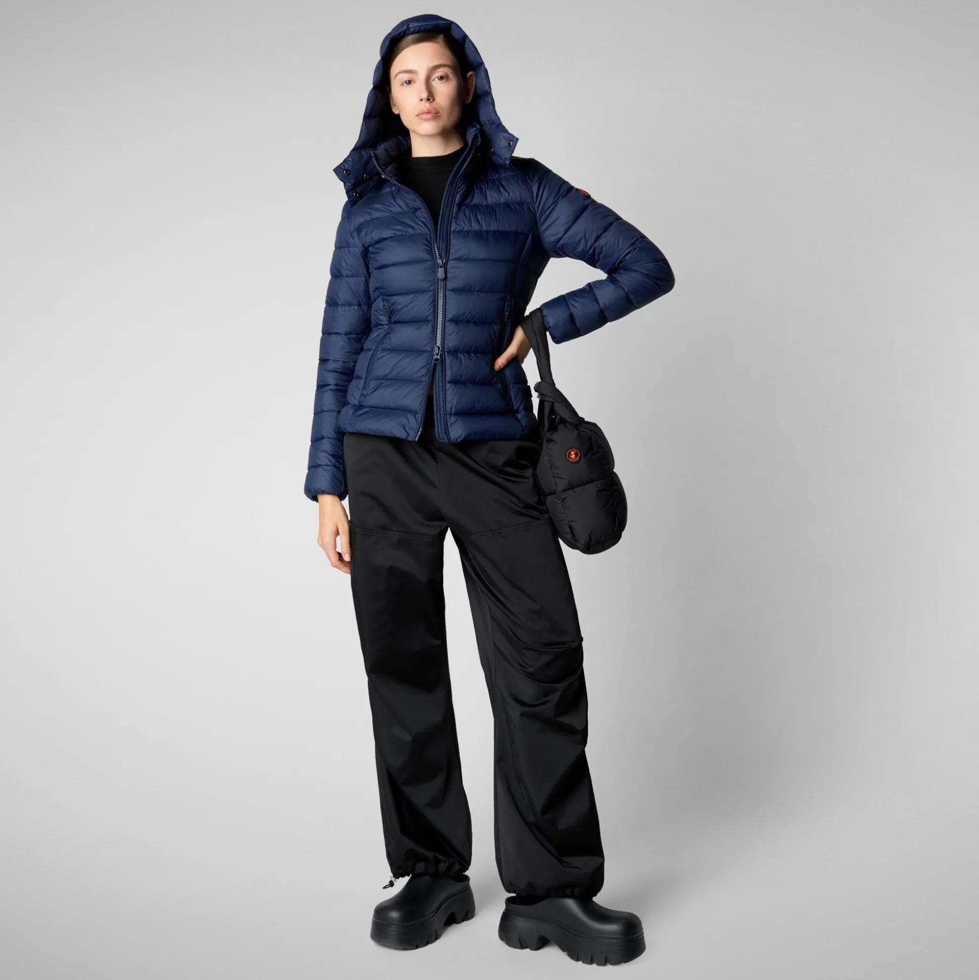 Women's Animal free Puffer Jacket Amelie with Detachable Hood in Navy Blue