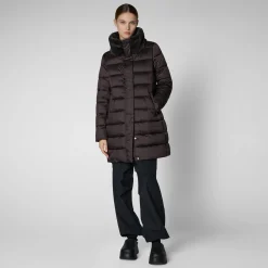 Women's Animal free Puffer Coat Dalea with Faux Fur Collar in Brown Black