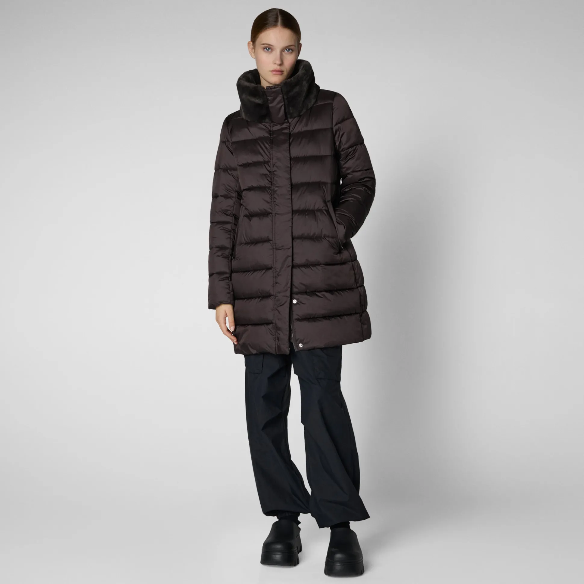 Women's Animal free Puffer Coat Dalea with Faux Fur Collar in Brown Black