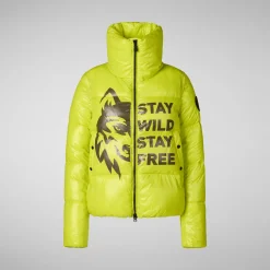 Women's animal free Puffer jacket Ivy in lichen green wolf print