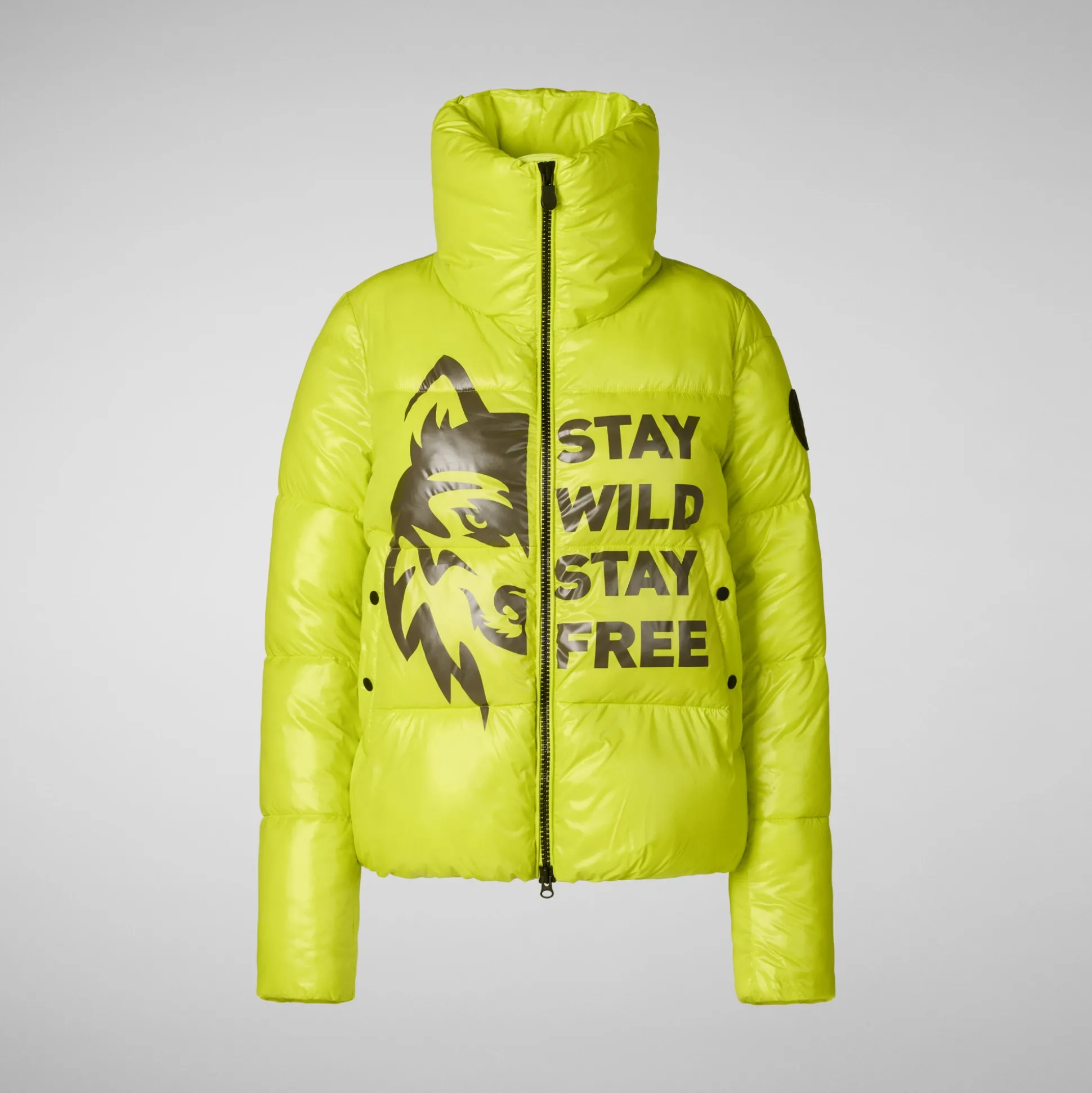 Women's animal free Puffer jacket Ivy in lichen green wolf print