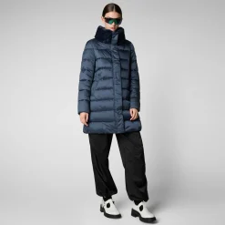 Women's Animal free Puffer Coat Dalea with Faux Fur Collar in Night Blue