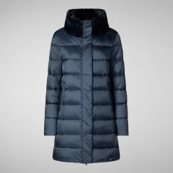 Women's Animal free Puffer Coat Dalea with Faux Fur Collar in Night Blue