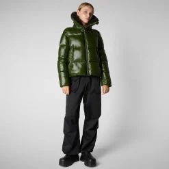 Women's Animal free Puffer Jacket Moma with Faux Fur Lining in Pine Green