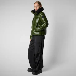 Women's Animal free Puffer Jacket Moma  with Faux Fur Lining in Pine Green
