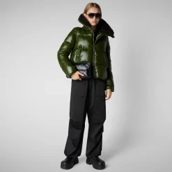 Women's Animal free Puffer Jacket Moma  with Faux Fur Lining in Pine Green