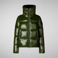 Women's Animal free Puffer Jacket Moma  with Faux Fur Lining in Pine Green