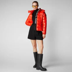Women's Cosmary Puffer Jacket with Detachable Hood in Poppy Red