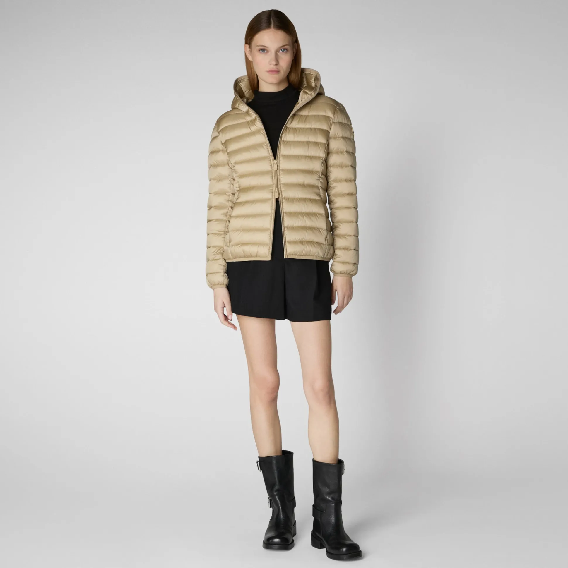 Women's Hooded Animal free Puffer Jacket Alexis in Wood Beige