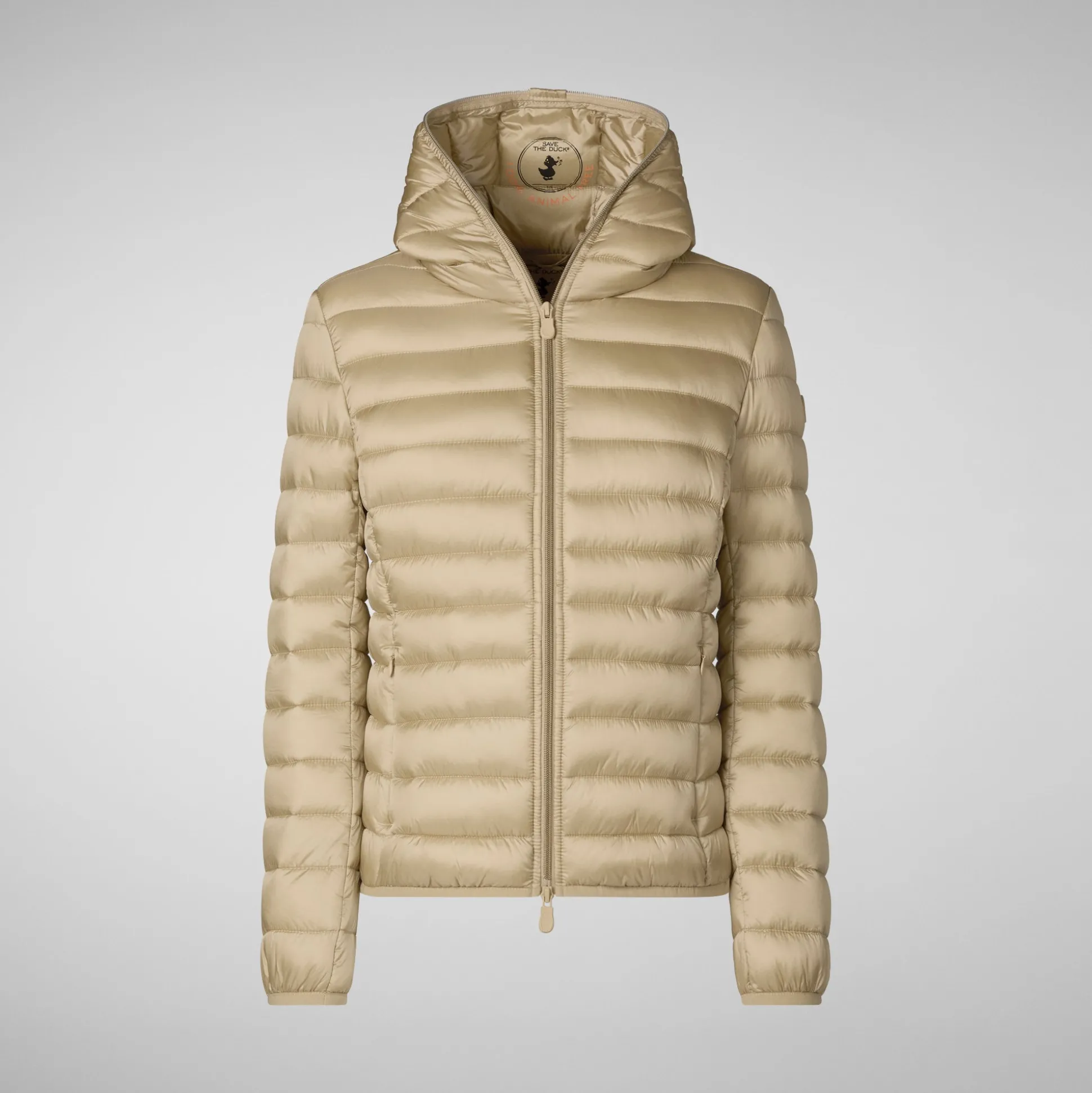 Women's Hooded Animal free Puffer Jacket Alexis in Wood Beige