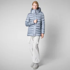 Women's Hooded Animal free Puffer Coat Drimia in Blue Fog