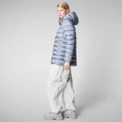 Women's Hooded Animal free Puffer Coat Drimia in Blue Fog