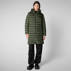 Women's Hooded Animal free Puffer Coat Saffron in Thyme Green