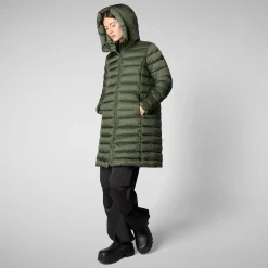 Women's Hooded Animal free Puffer Coat Saffron in Thyme Green