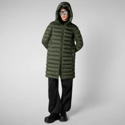 Women's Hooded Animal free Puffer Coat Saffron in Thyme Green