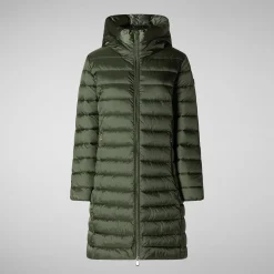 Women's Hooded Animal free Puffer Coat Saffron in Thyme Green