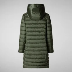 Women's Hooded Animal free Puffer Coat Saffron in Thyme Green