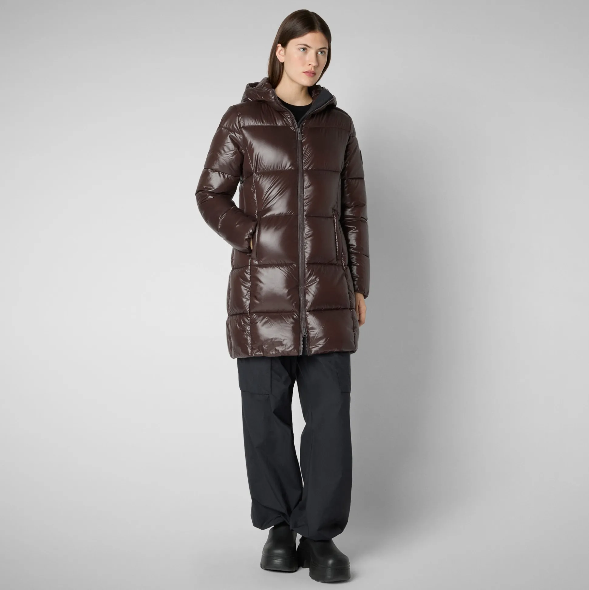 Women's Hooded Animal free Puffer Coat Ines in Brown Black