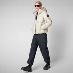 Women's Hooded Animal free Puffer Jacket Biddy in Rainy Beige