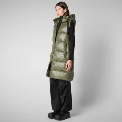 Women's Hooded Animal free Puffer Vest Iria in laurel green