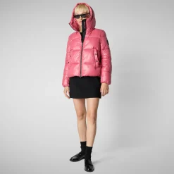 Women's Hooded Animal free Puffer Jacket Biddy in Bloom Pink