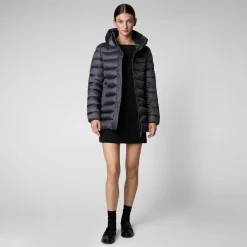 Women's Hooded Animal free Puffer Coat Drimia in Ebony Grey