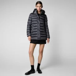 Women's Hooded Animal free Puffer Coat Drimia in Ebony Grey