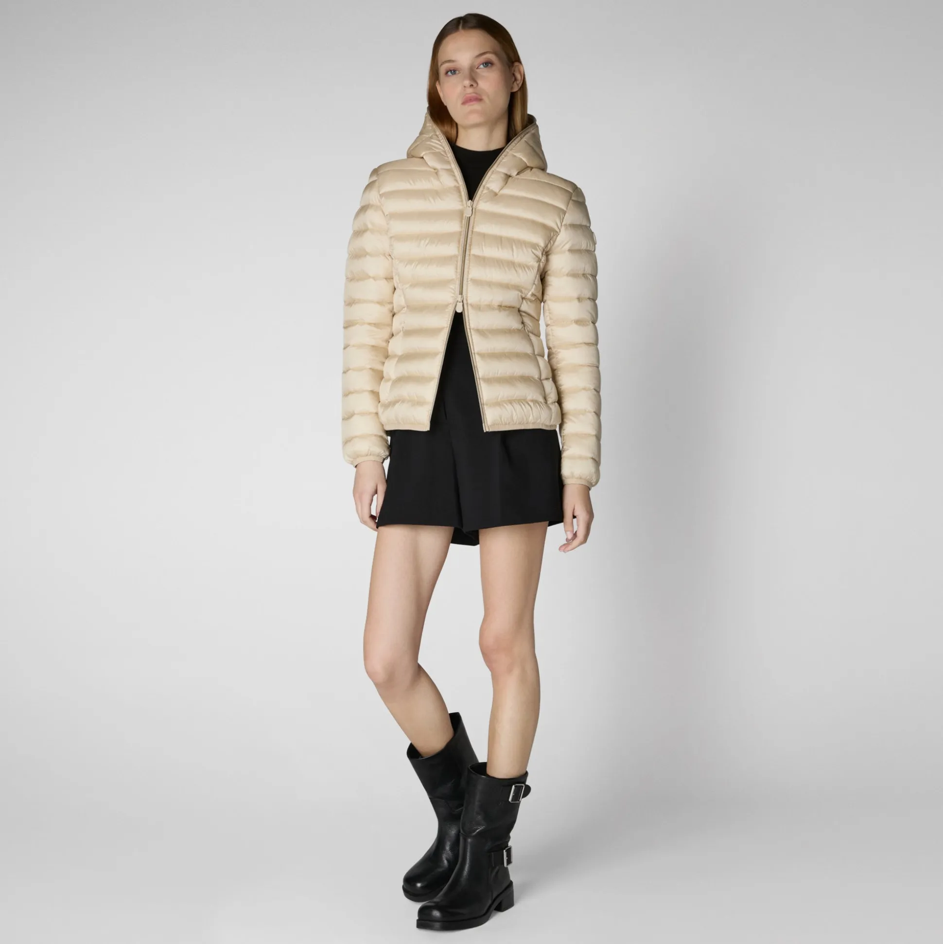 Women's Hooded Animal free Puffer Jacket Alexis in Shore Beige