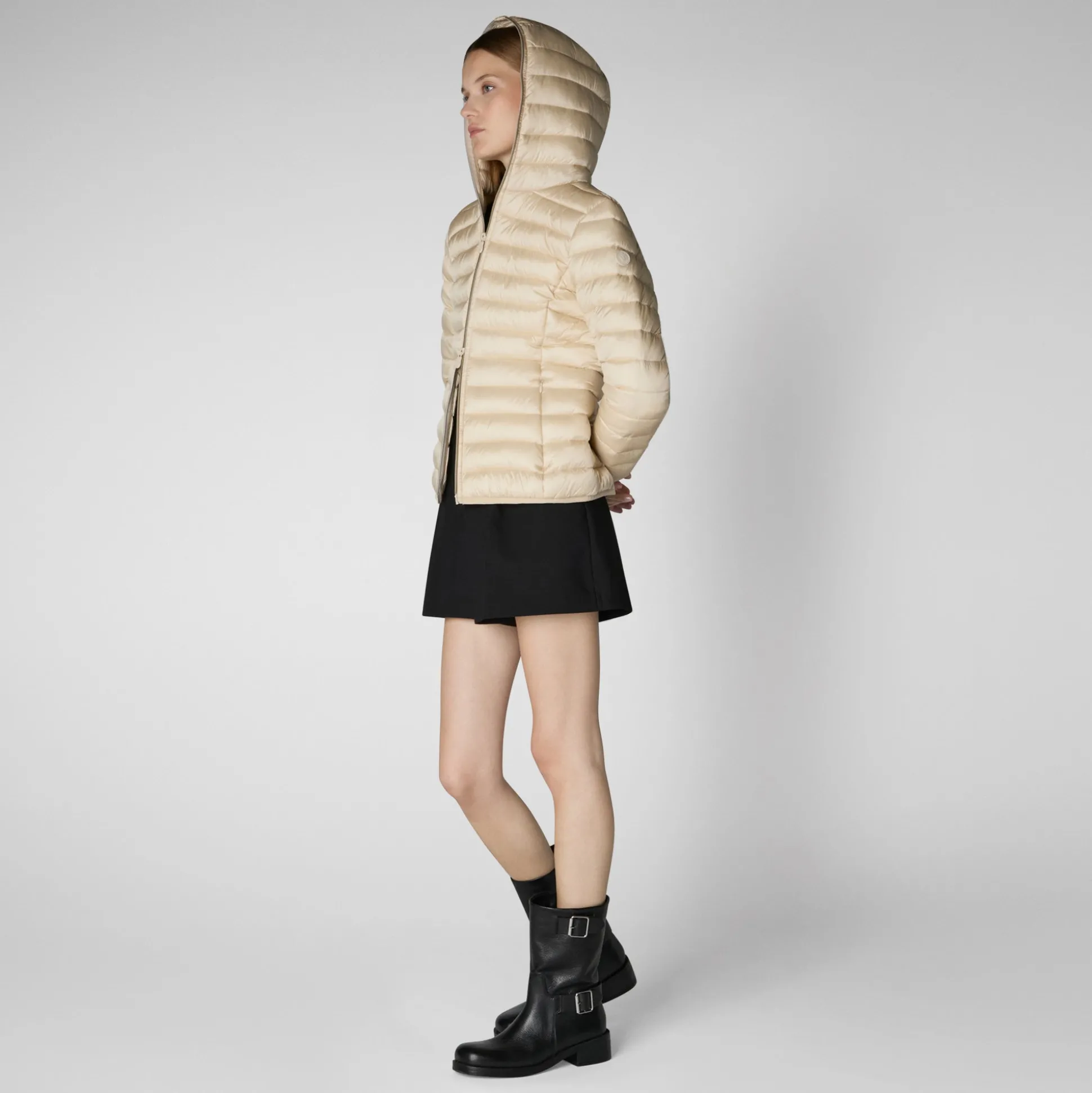 Women's Hooded Animal free Puffer Jacket Alexis in Shore Beige