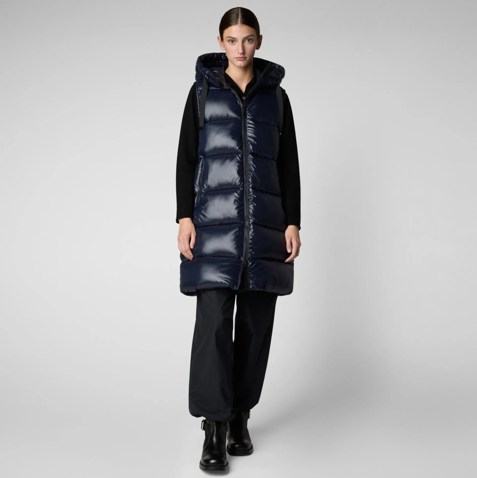 Women's Hooded Animal free Puffer Vest Iria in blue black