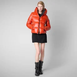 Women's Hooded Animal free Puffer Jacket Biddy in Maple Orange